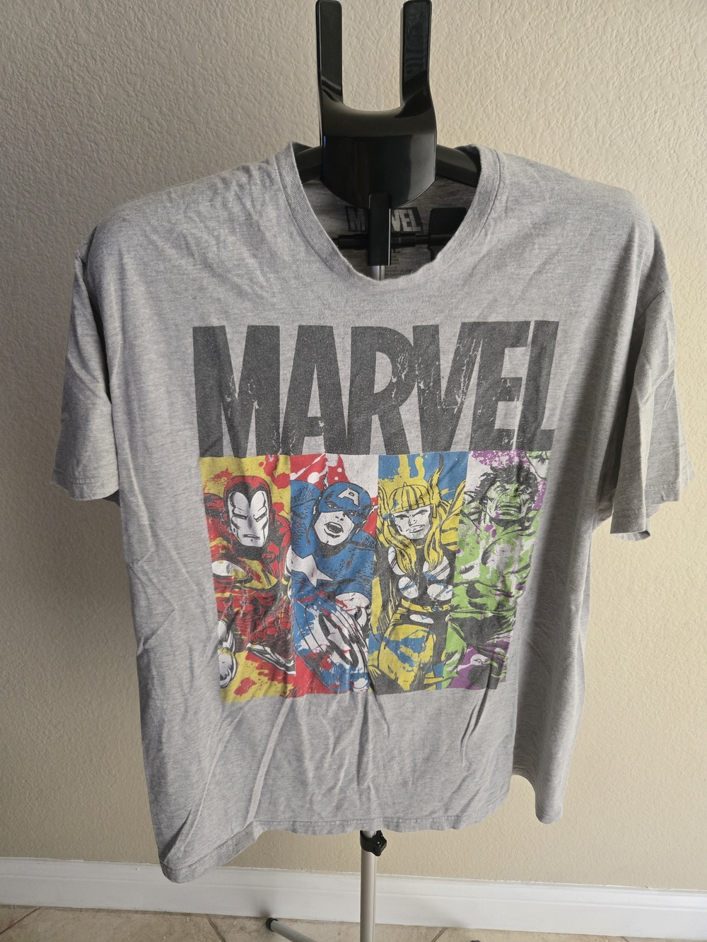 Marvel Men's Light Gray Short Sleeve Graphic Tee with Multicolor Superhero Panel